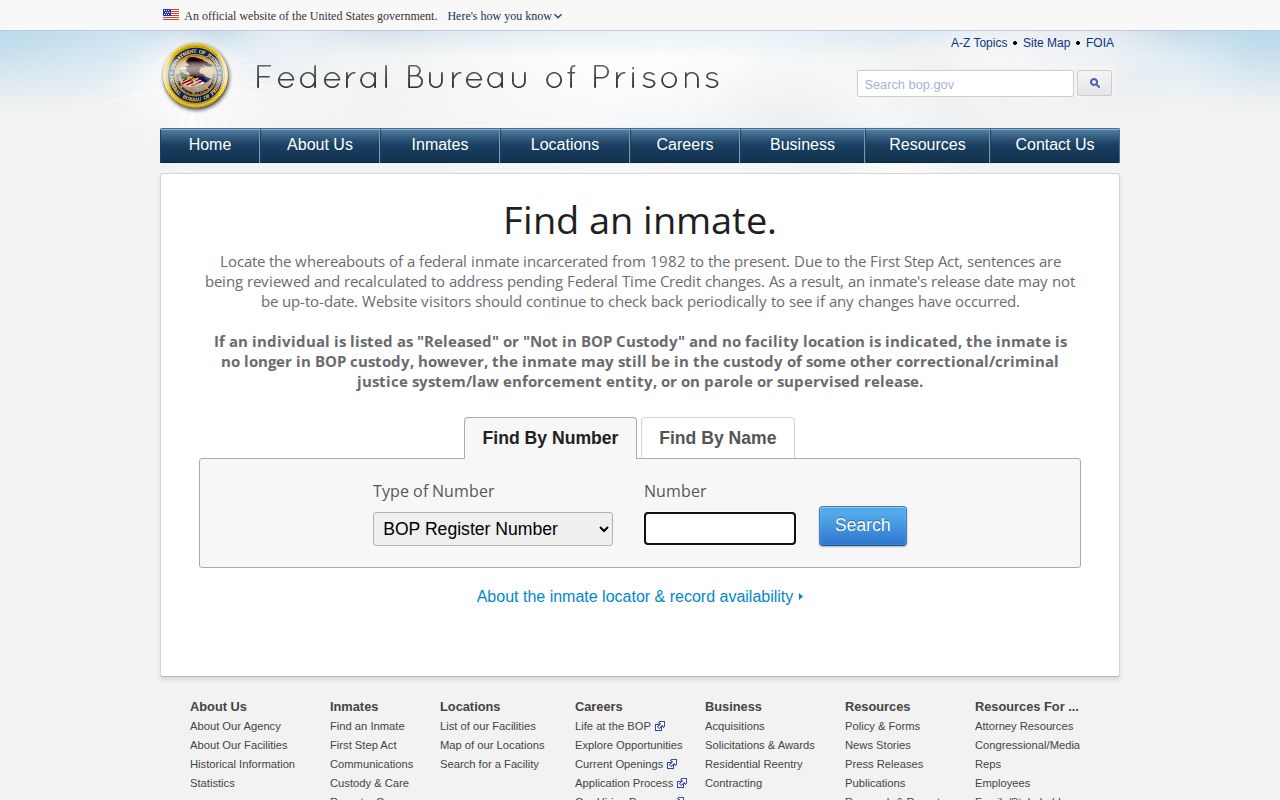 Federal BOP former inmate release search for a Garrett County federal case
