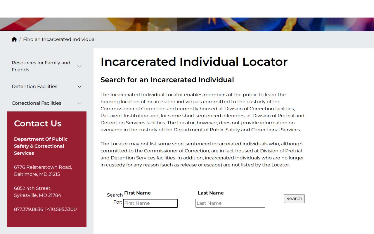 Maryland DPSCS current-custody locator limitation for Garrett County release searches