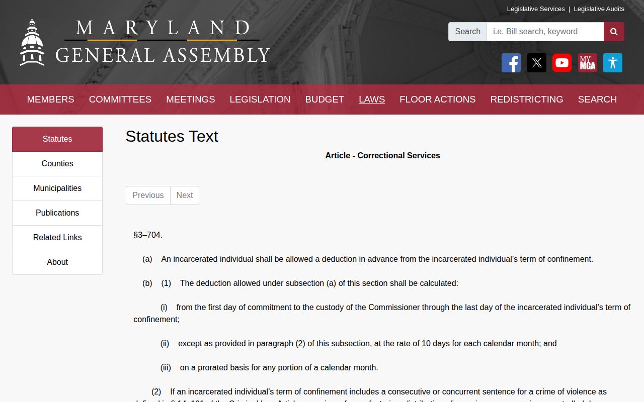 Maryland state credit statute for a Garrett County projected release date
